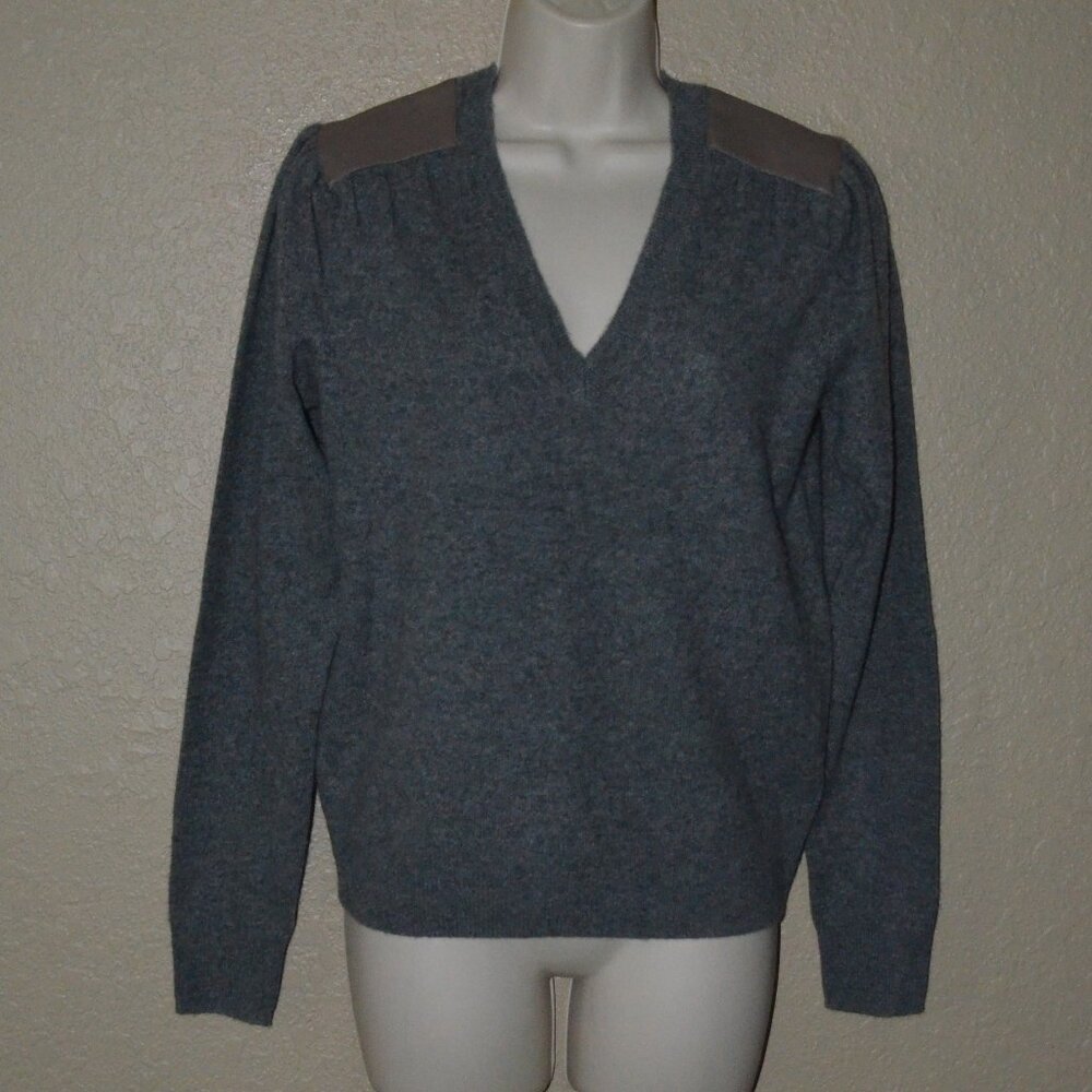 Sz XS Brochu Walker Gray Cashmer V Neck Leather Shoulder Patch Sweater
